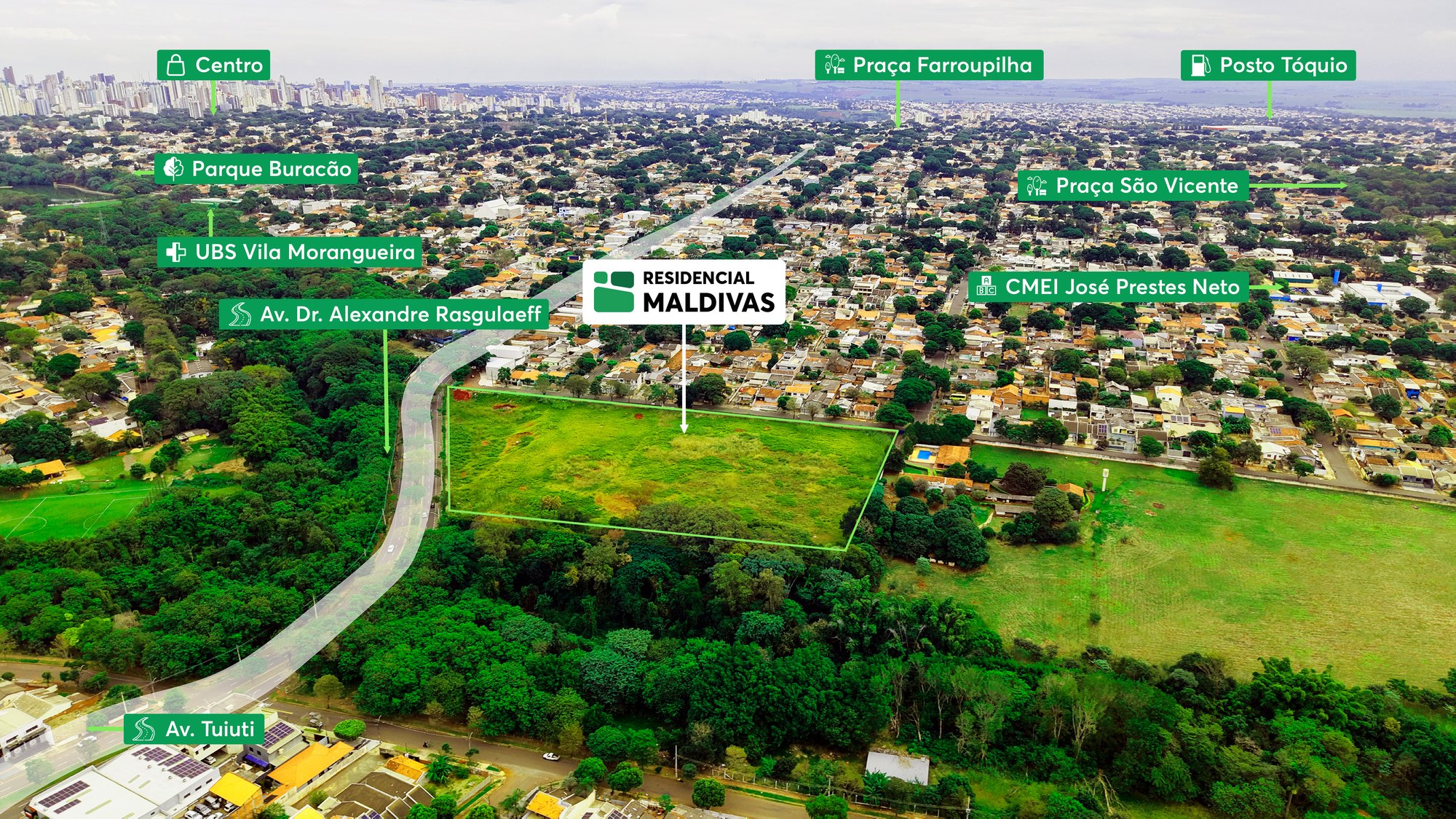 Vista aérea da localização do Residencial Maldivas com pontos de referência do bairro